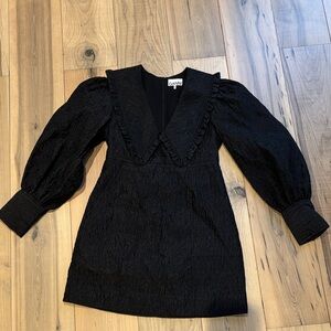 Ganni Black Textured Dress with Puff Sleeves